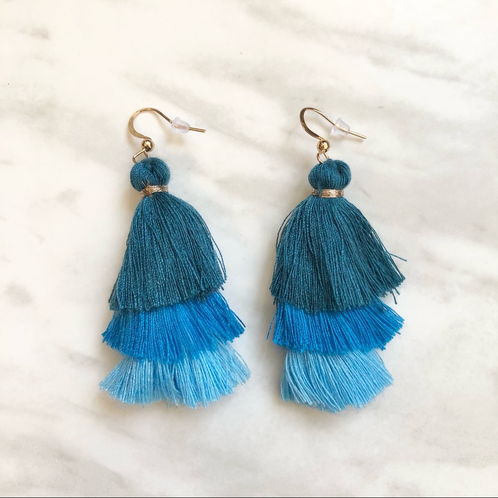 🎉 New Blue Fringe Tassel Dangle Earrings pair